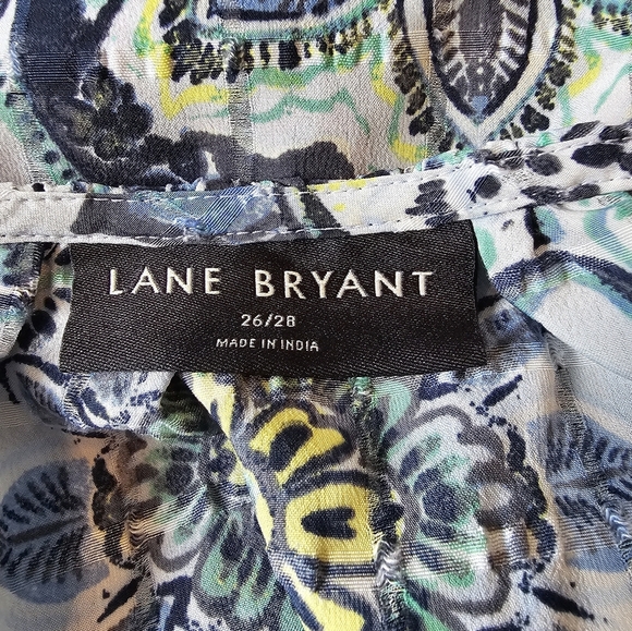 Lane Bryant Size 26/28 (4X) 3/4 Sleeve Notch Neck Tie Front Blouse Blue Geo Flor - Picture 7 of 11